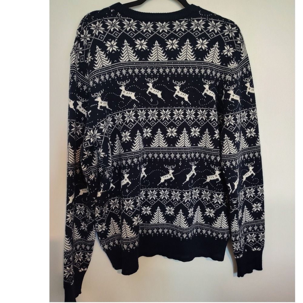 Magaschoni Mens Navy Blue White Fair Isle Reindeer Snowflake Christmas Sweater M - Picture 2 of 5